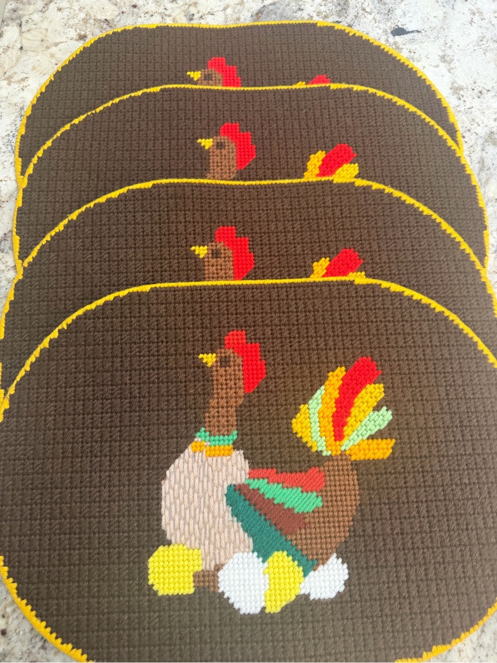 Vintage 1970s Turkey Needlepoint Placemats Set of 4 Thanksgiving Yarn Embroidery